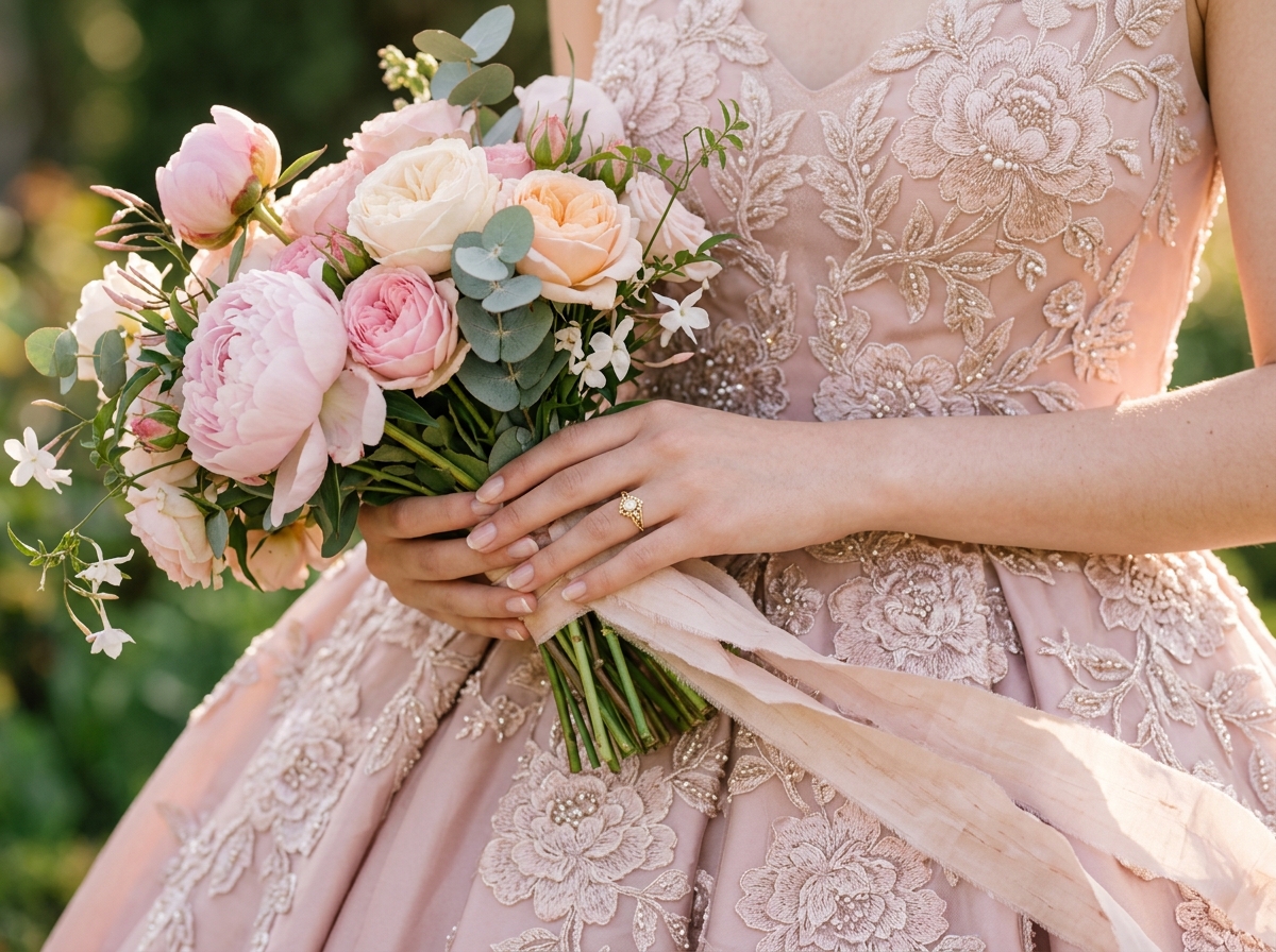 Detalle del vestido y peonías